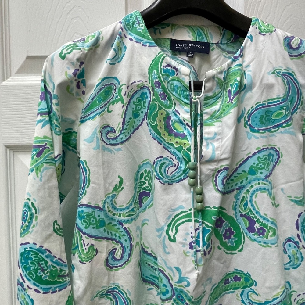 Jones New York Signature Woman Sz Small Tunic Top Paisley Long Sleeve Blue Green